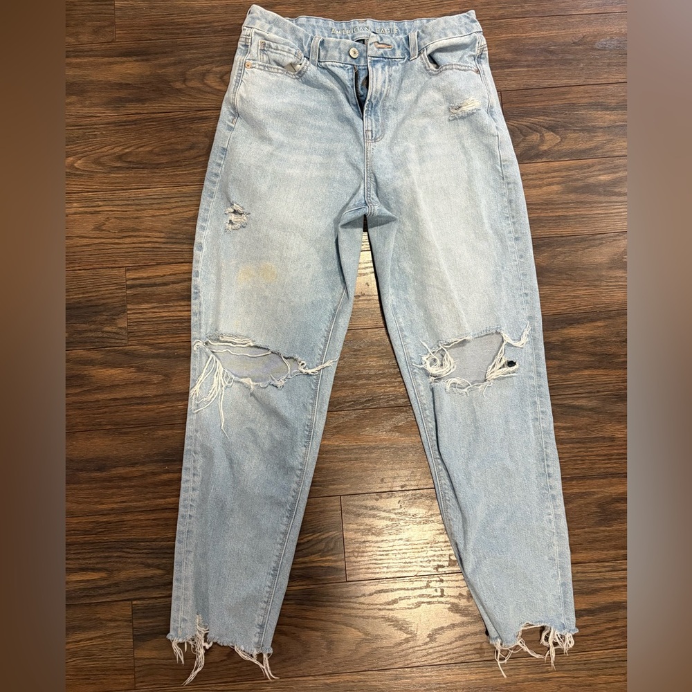 American Eagle Mom Jeans - Light Blue Distressed Women's Strigid